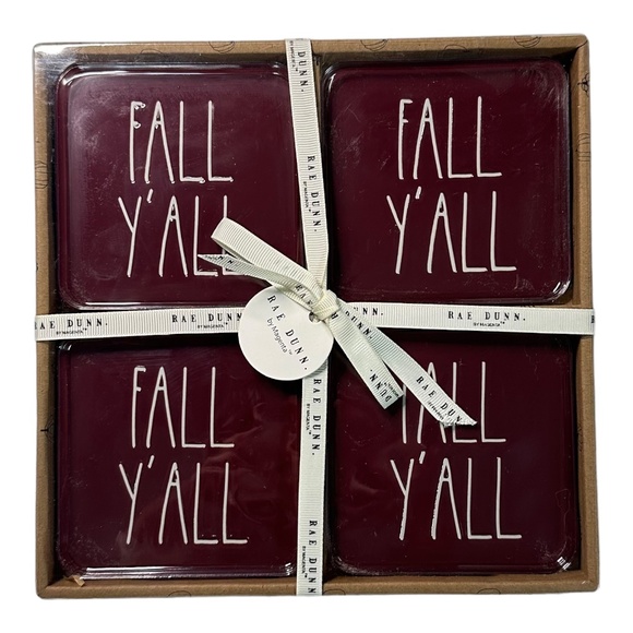 Rae Dunn Set of 4 "FALL Y'ALL" Ceramic Coaster Set - Picture 1 of 1